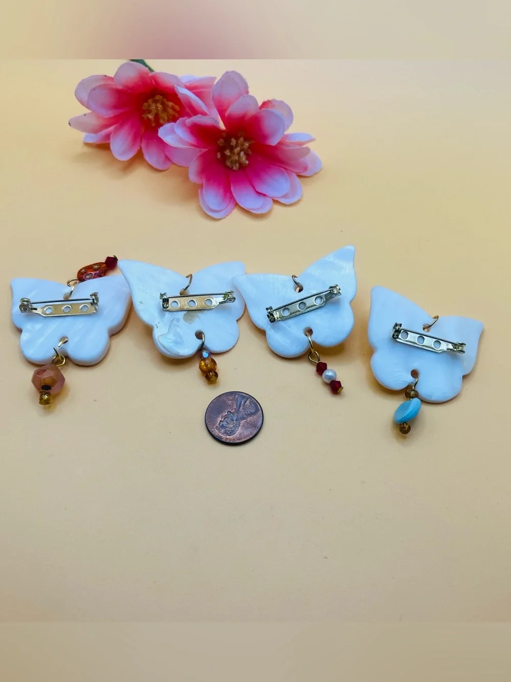 Lot of 4 Mother-of-Pearl Butterfly brooch multi color beads